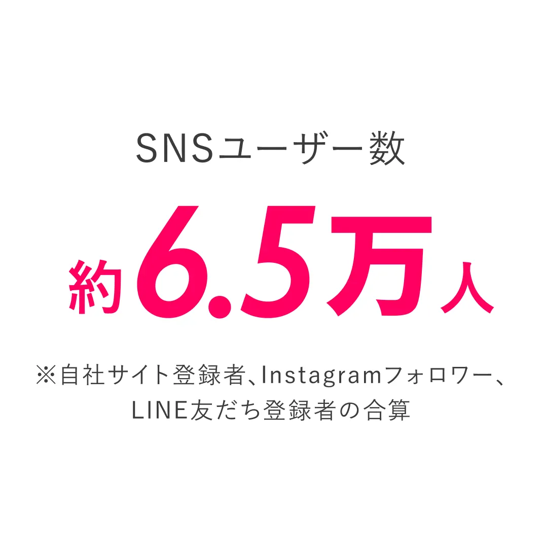 SNSユーザー数 約6.5万人 ※自社サイト登録者、Instagramフォロワー、LINE友だち登録者の合算